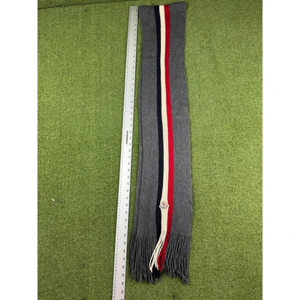 Moncler Wool Scarf Gray Red‎ Navy Stripe Logo Fringe Unisex - Picture 15 of 16